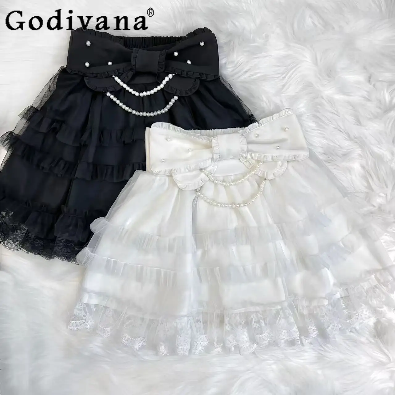 

Women's Lolita Black Skirt Womens Japanese Mine Series Mass- Produced Subculture Bow Pearl Pleated Skirt Lady Sweater Autumn