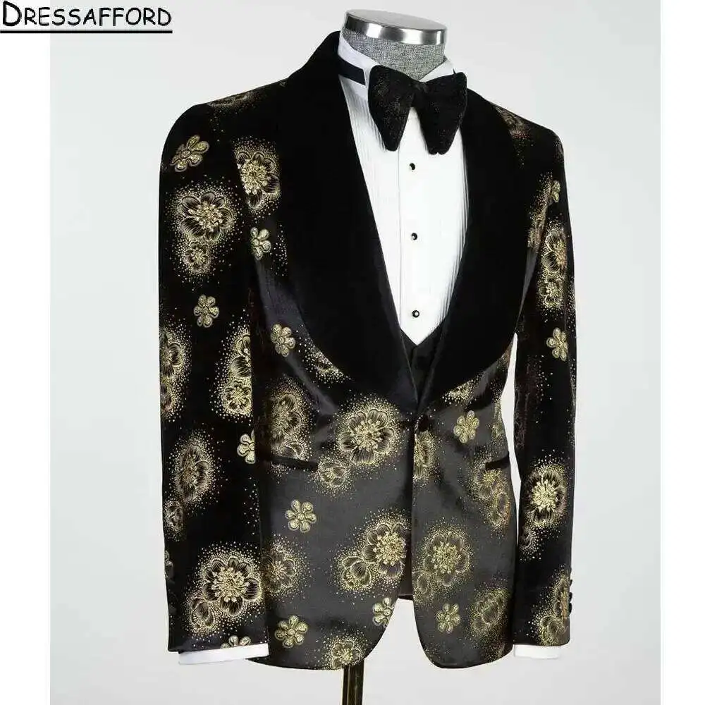 Black Floral Print Men Suits Formal Evening Party Two Pieces Groom Wear Jacket + Pants