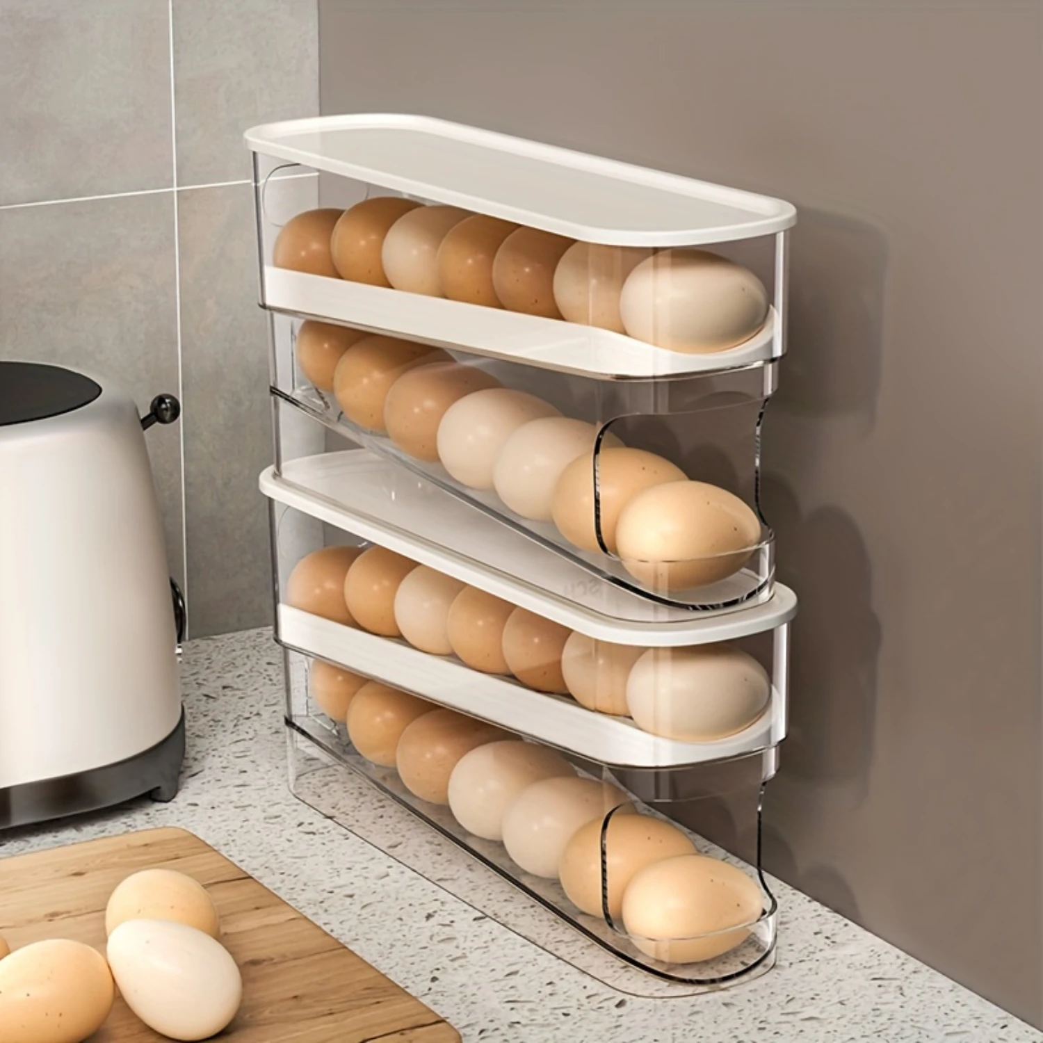 

Double-Tier Refrigerator Egg Organizer - Plastic Egg Tray with Automatic Rolling Dispenser, Stackable Egg Holder, No Batteries