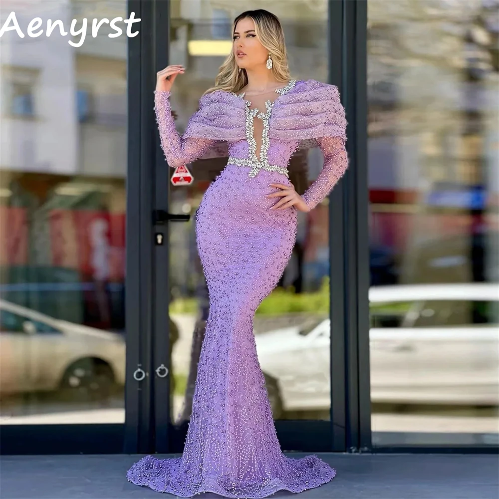 Aenyrst Purple Long Sleeves Beading Prom Dresses Appliques Evening Gowns Floor Length Party Dress 2025 customized فساتين السهرة