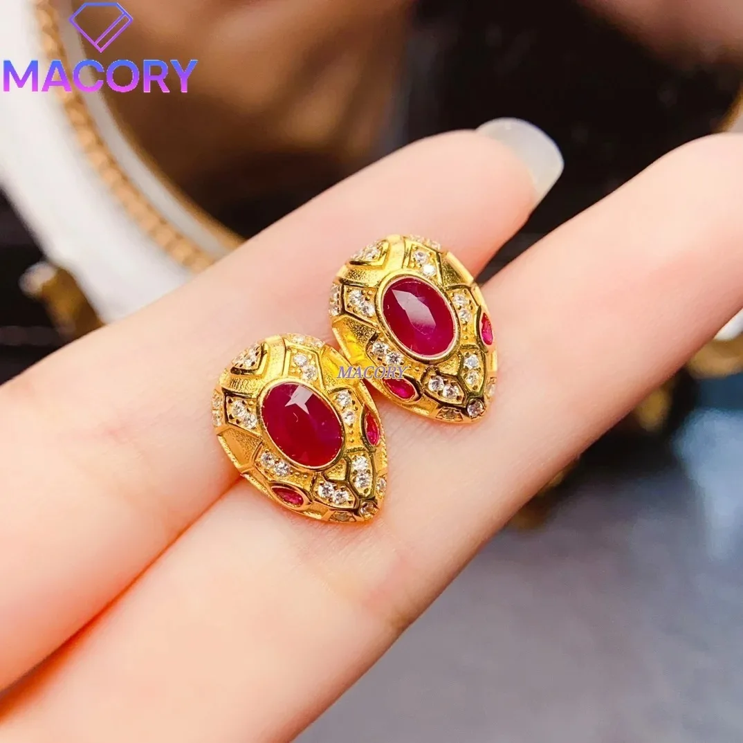 

S925 Sterling Silver Natural Ruby Snake Stud Earrings Luxurious Designer Jewelry Suitable for Both Men and Women