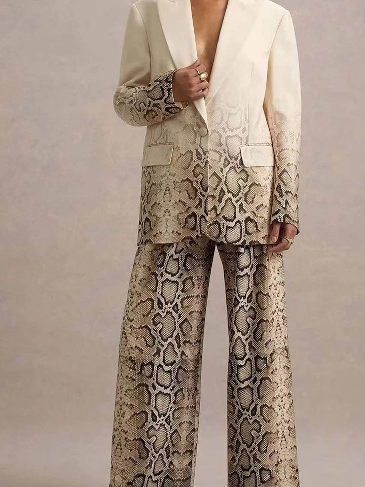 

Temperament Lady Loose Commute Two Piece Sets Autumn Lady Suit Pants Sets Fashion Gradient Printed Long Sleeve Blazer&Pants Sets