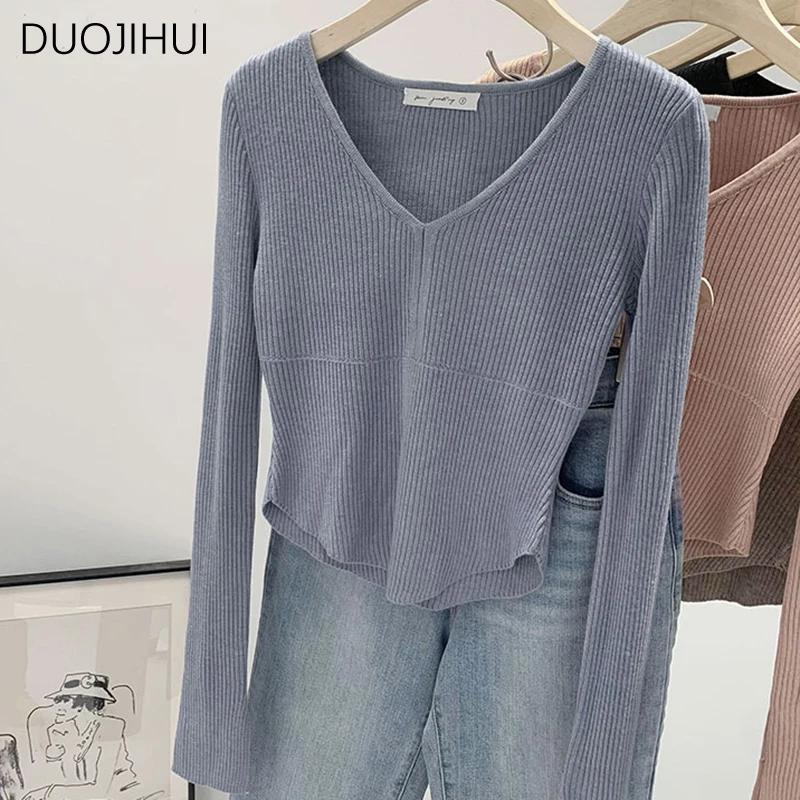 DUOJIHUI farina d'avena Chicly scollo a v lavorato a maglia vita sottile pullover femminili autunno Basic manica lunga moda pullover donna tinta unita