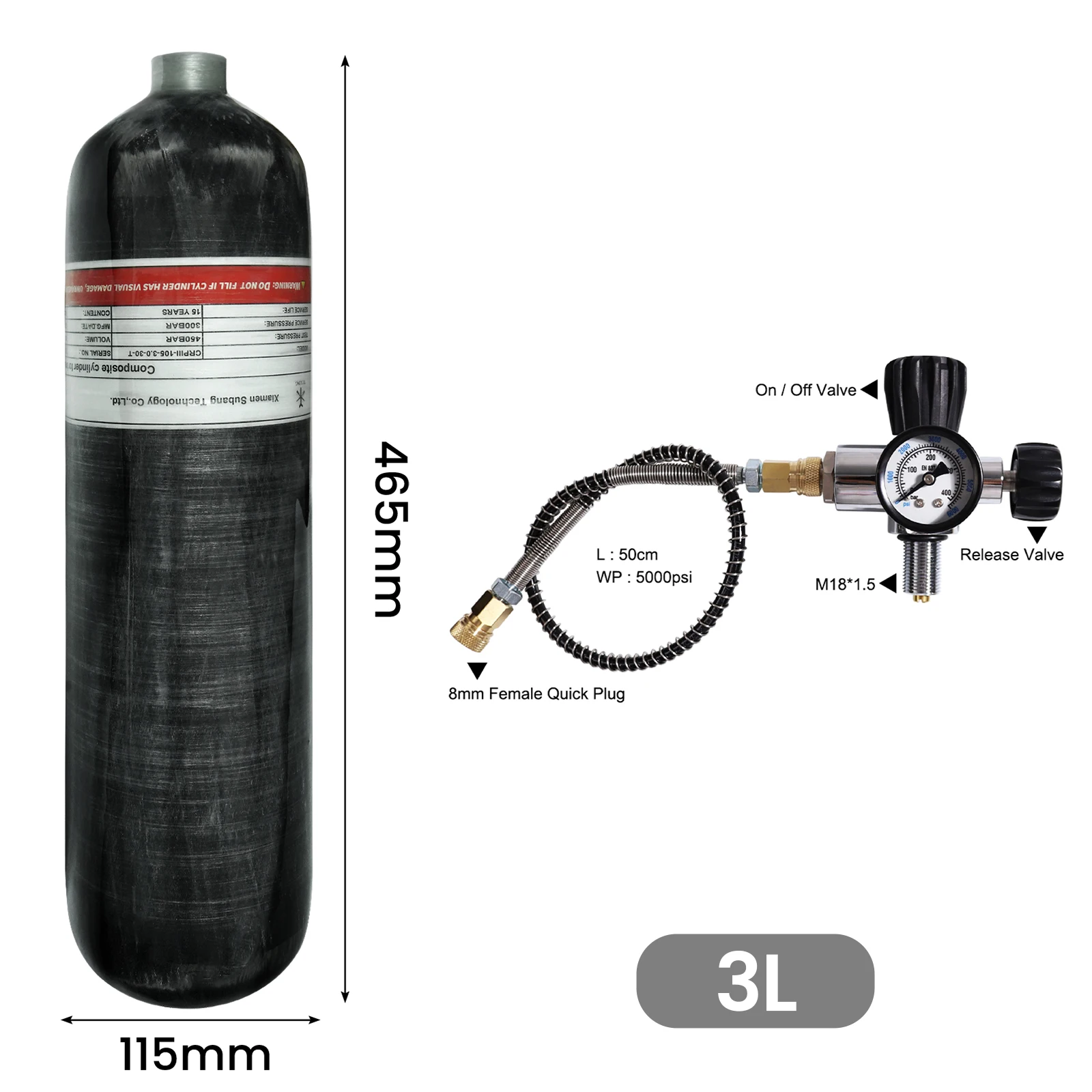 TUXING 300Bar 3L Carbon Fiber Cylinder with Fill Station Regulator Valve 4500psi High Pressure Air Tank Scuba Diving TankM18*1.5