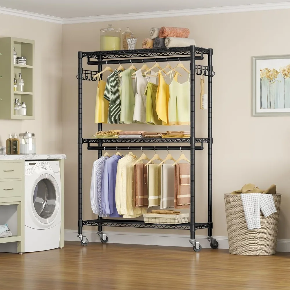 Freestanding Heavy Duty Rolling Garment Rack, 3 Tiers Adjustable Wire Shelving Clothes Rack with Double Rods & Side Hooks