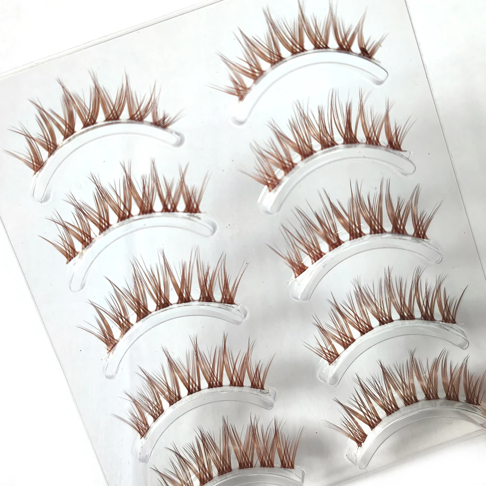 Brown Colors 5 Pairs V Shape 3D Eyelashes Cirsscross Fasle Eye Lashes Natural Eyelash Extension Handmade Clea Stem Reusable