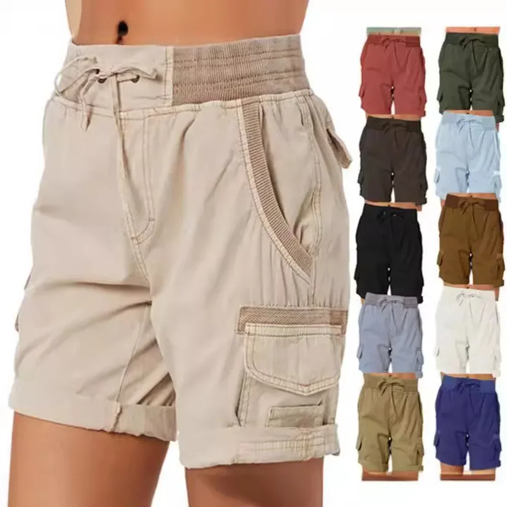 

Popular High Waisted Drawstring Women's Pocket Work Pants Casual Pants Cotton and Linen Shorts Thin A-line Loose Wide Leg Shorts