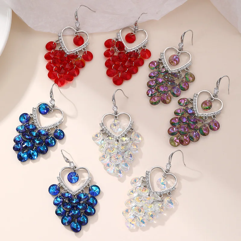 2024 New Colorful Purple Crystal Dangle Drop Earrings for Women Korean Trend Big Long Luxury Party Banquet Dress Jewelry Gifts