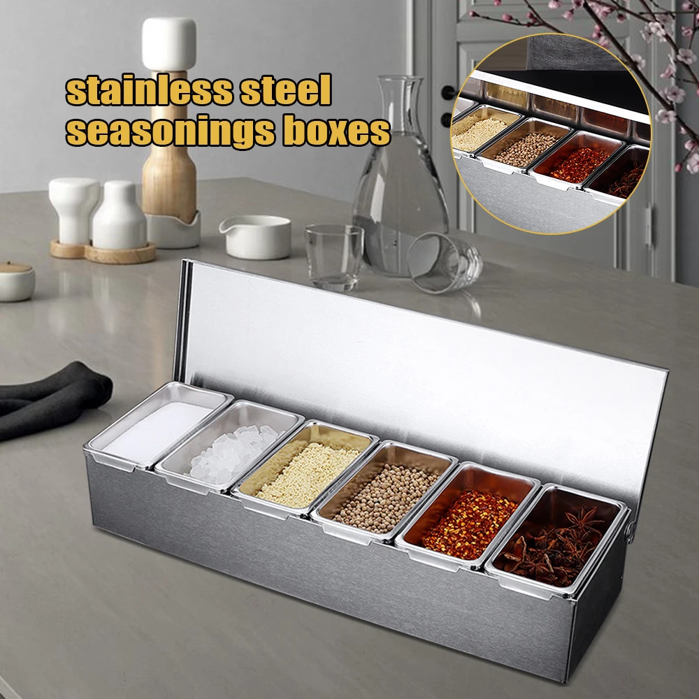 6 Grids Stainless Steel  Seasonings Boxes Spice Container with Lid