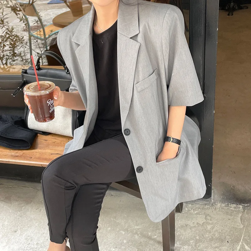 

Minimalist Korean Chic Vintage Lapel Back Split Design Loose Short Sleeve Suit Jacket Women's Summer Thin Single Button Closure