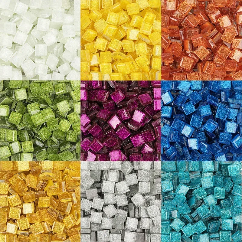 400g/14oz (sekitar 420 buah) Glitter Shiny kaca warna murni ubin mosaik 1cm persegi mosaik batu Multi warna bahan kerajinan DIY