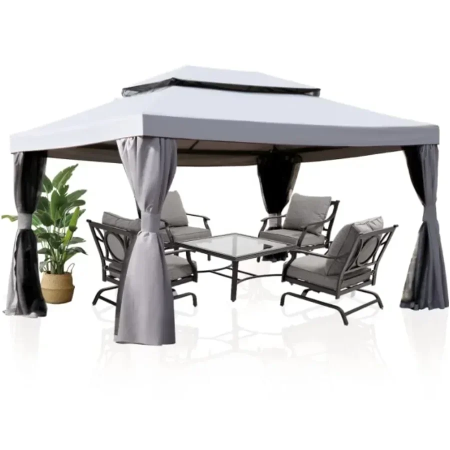 Outdoor Gazebo with Mosquito Netting and Curtains Sturdy Straight Leg Tent t Top for Patios Deck Backyard in Beige