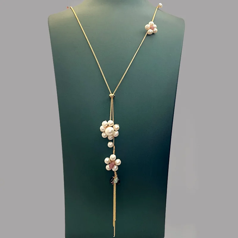

Exquisite niche design long freshwater pearl necklace multicolored tourmaline embellished pearl flower sweater chain wholesale