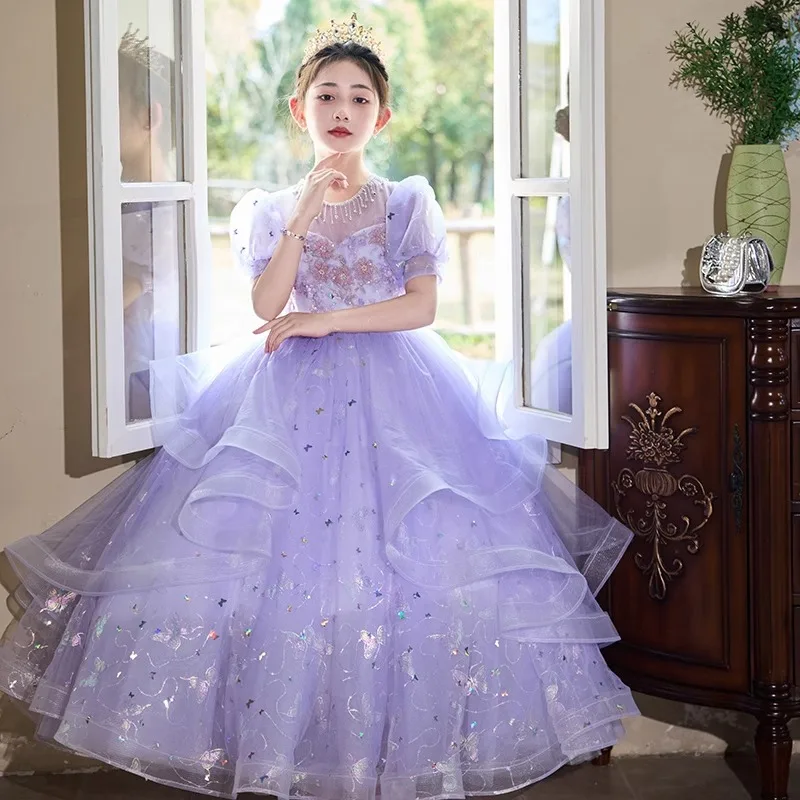 

Flower Girl Wedding Party Dresses New Round Neck Purple Girl Princess Dress Long Gowns Butterfly Sequined Ball Gown Customized