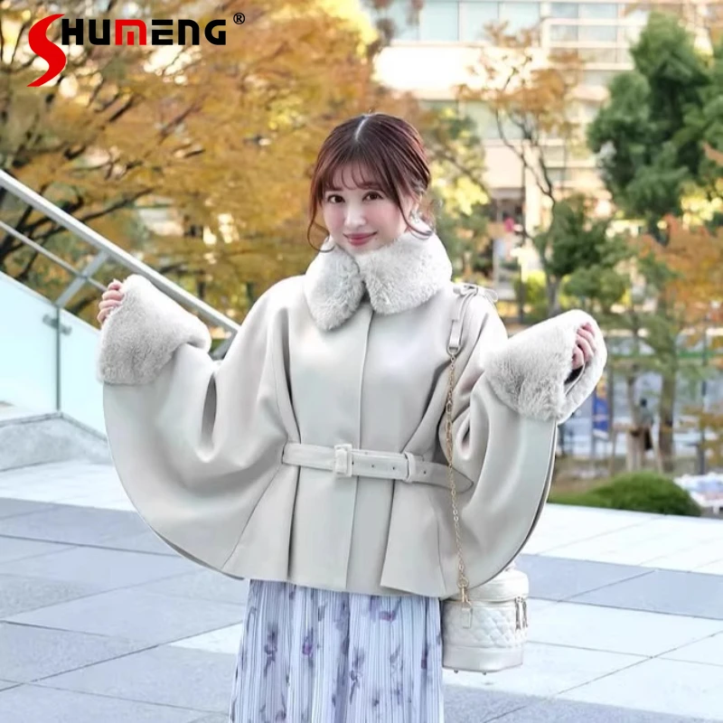 

Japanese Style Elegant Sweet Socialite Cape Coat Fur Collar Long Sleeve Belted Fashion Versatile Cloak Jackets for Women Winter