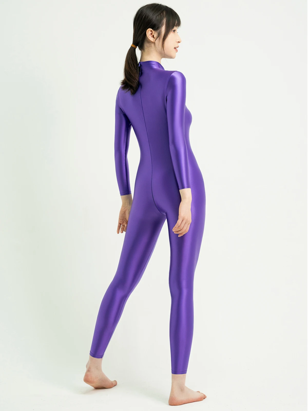 MJINM Satin Glossy Bodysuit High-Neck Long-Sleeve Jumpsuit Unisex Crotch Back Zipper Overall Zentai Suits Casual Sport Tights