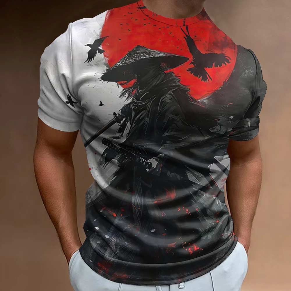 New 3d Japanese Samurai Print Men\'s T-Shirt Retro Casual Man Clothing Loose Oversized Tee Summer Short Sleeves For Men 2024 Tops