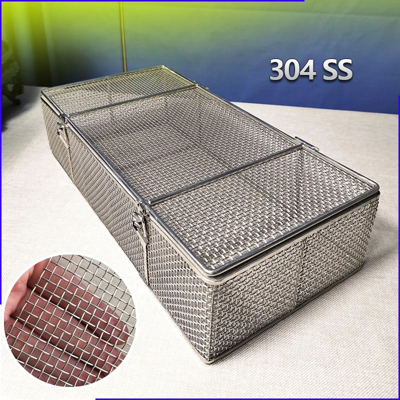 304 Stainless Steel Disinfection Basket with Lid Medical Instrument Cleaning Basket Sterilization Mesh Basket