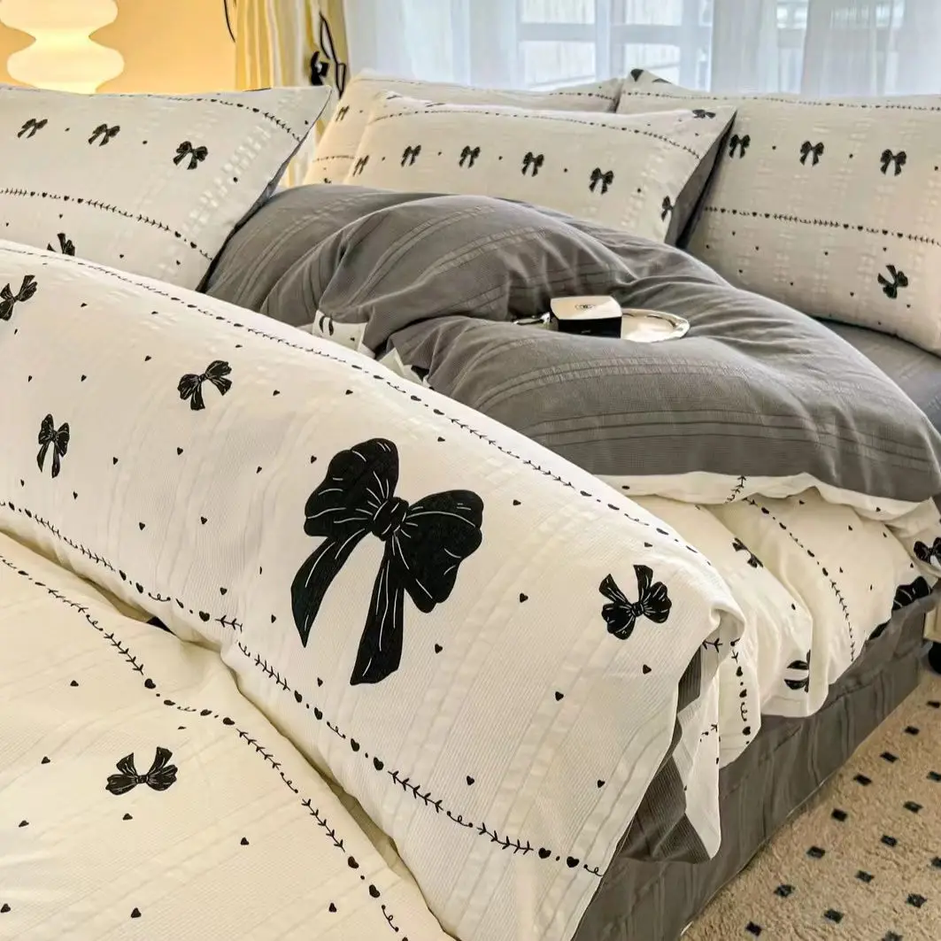 Cute Korean Heart Bowknot Duvet Cover Set with Flat Sheet Pillowcase Twin Queen Girls Women Home Decor Floral Bedding Linen