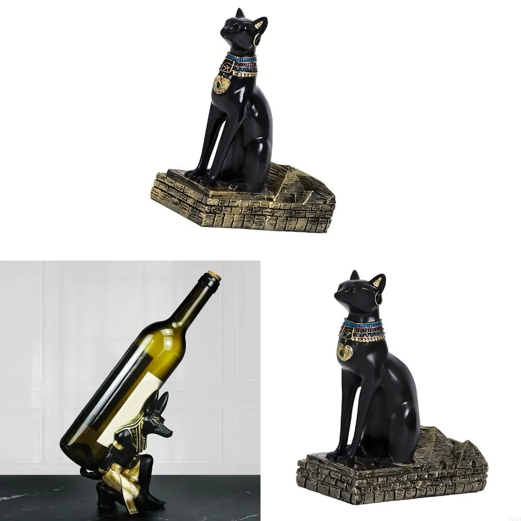 62KD Exotic Themed Wine Rack With Bastet Anubis Statue Design Ancient Egyptian God Resin Kitchen Decors For Wine Enthusiasts