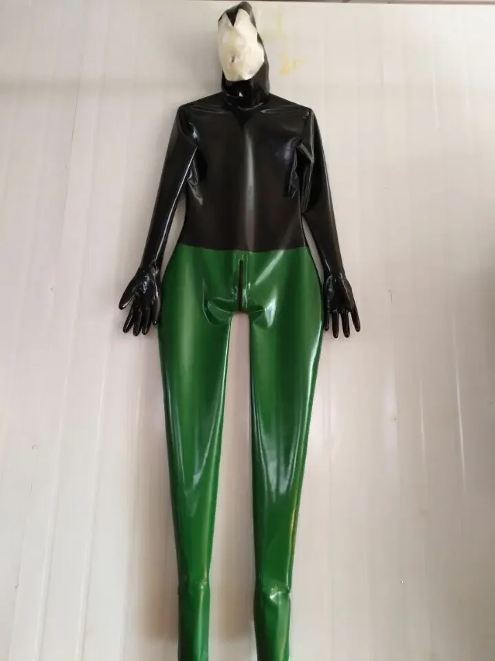 Latex rubber fashion suit tight fitting jumpsuit green black handmade role-playing  Mask