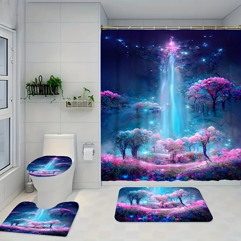 1/3/4PCs colorful forest waterfall printed shower set, waterproof bathroom partition curtain with hooks, non-slip bath R