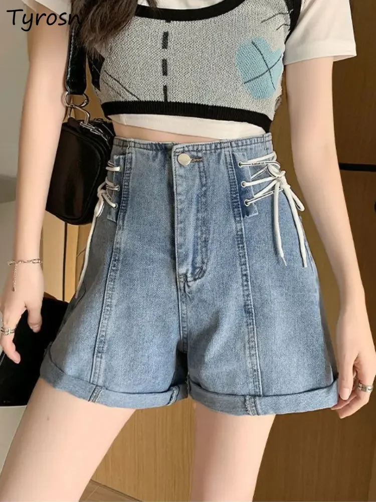 Pantalones cortos de mezclilla para mujer, moda lisa, sencilla, vendaje, ocio, cintura alta, estilo coreano, corte en A, diario, verano, diseño elegante Retro