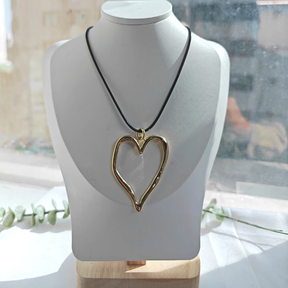 5 pcs/lot Pop Big Heart Necklaces Gold Plated Stainless Steel Heart Pendant Leather Necklace Fashion Jewelry For Women
