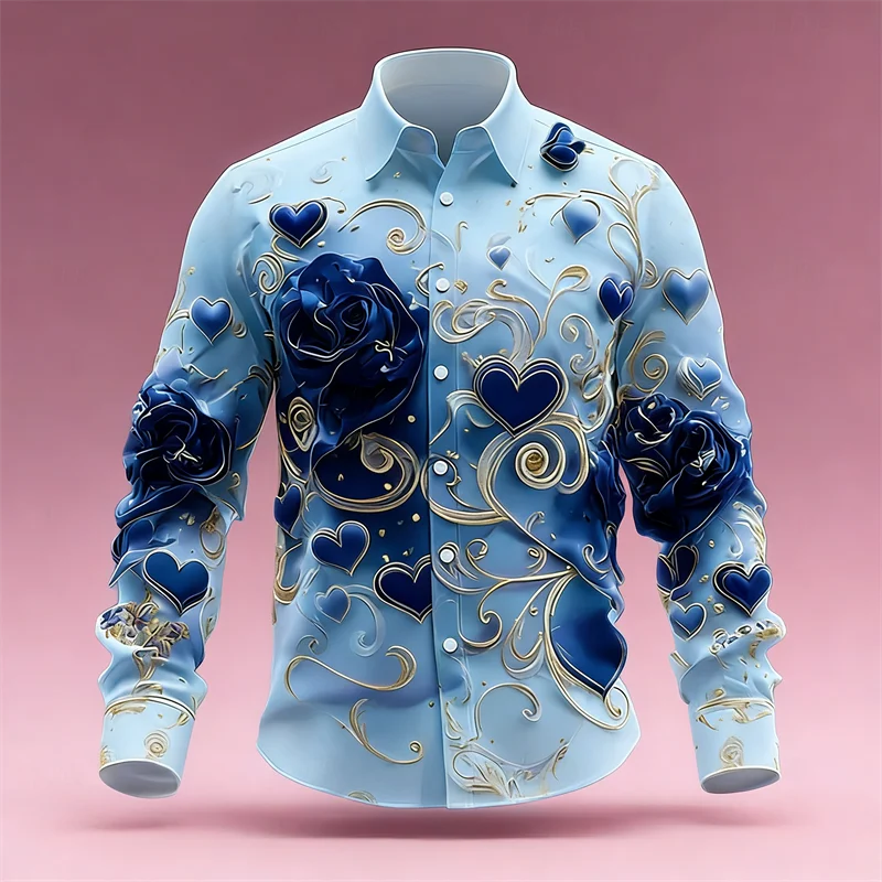 3D Rose Print Shirt Men's Long Sleeved Top Fashionable Heart Pattern Casual Loose Gothic Clothing Shirt Top