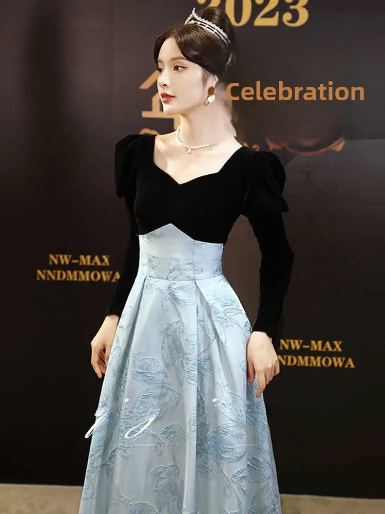 

Ele Long Sve Evening Gown Women's Host Annual Conference 2025 New Lightweight Luxury Blue Ball Ceremony Performance