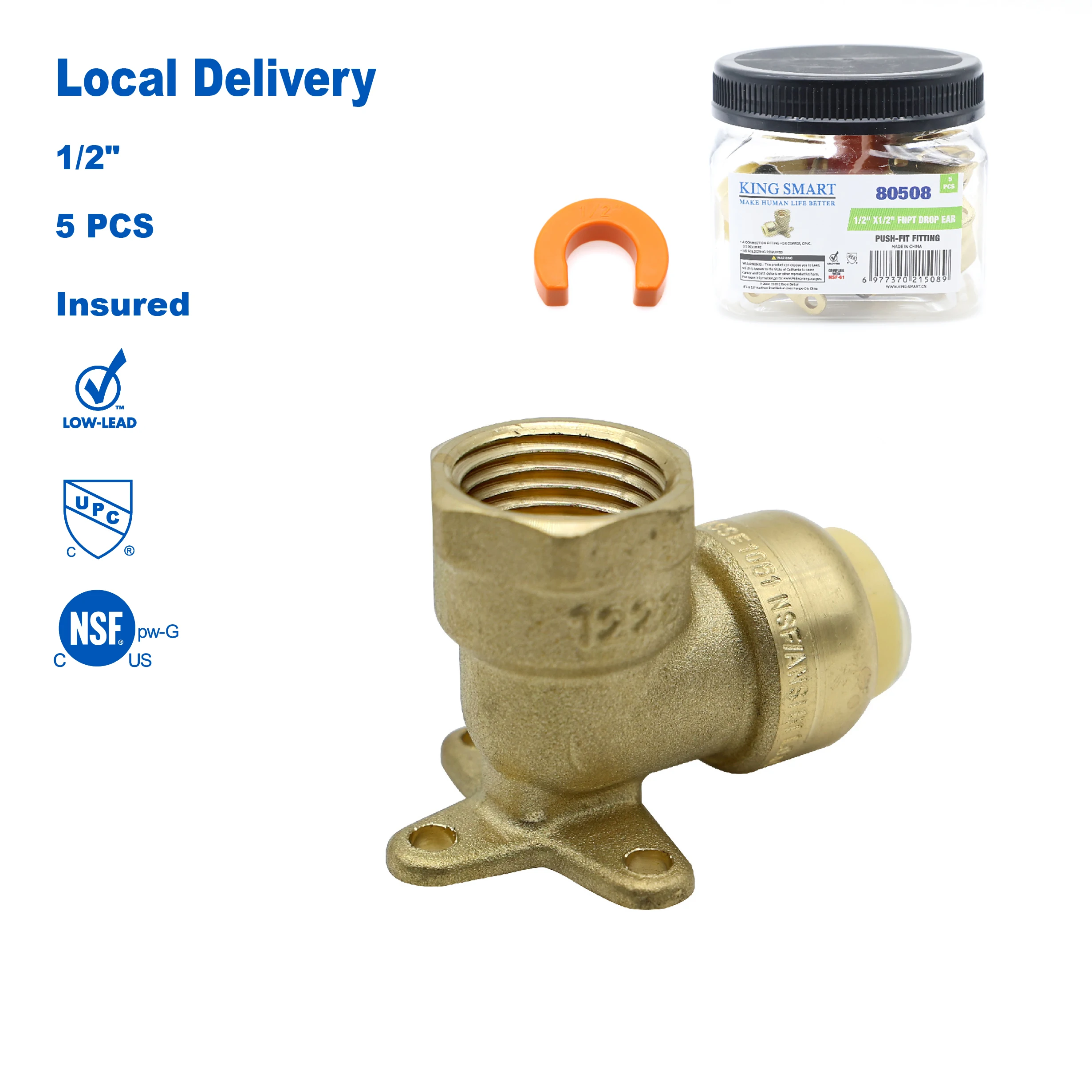 

KING SMART 1/2" Push Fit * 1/2" Female NPT Drop Ear Ebow; 5Pcs/Case; 80508