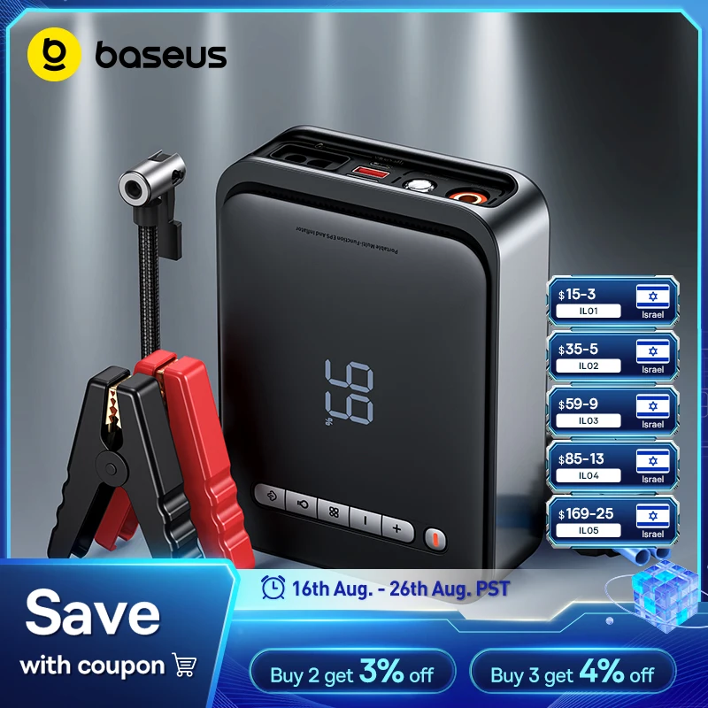 Baseus 2-in-1-Auto-Starthilfe, Powerbank, Luftkompressor, Luftpumpe, 1000 A, tragbares Kraftwerk, Auto-Batterieladegerät, Booster