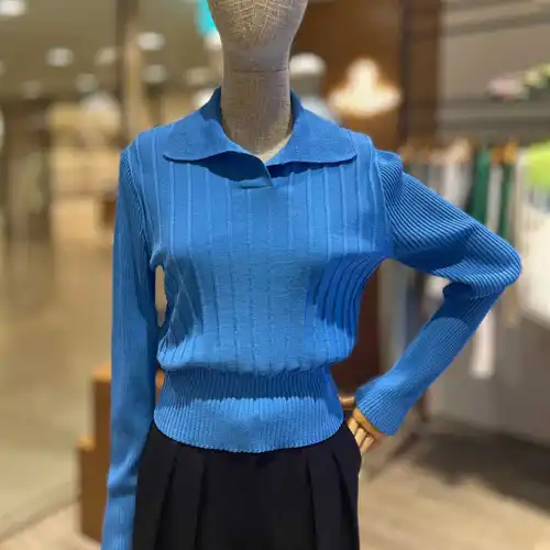 「고급브랜드」여성용 자수 옷깃 긴 소매 니트 탑 세로 스트라이프 스웨터 허리 장착 바느질 블라우스 