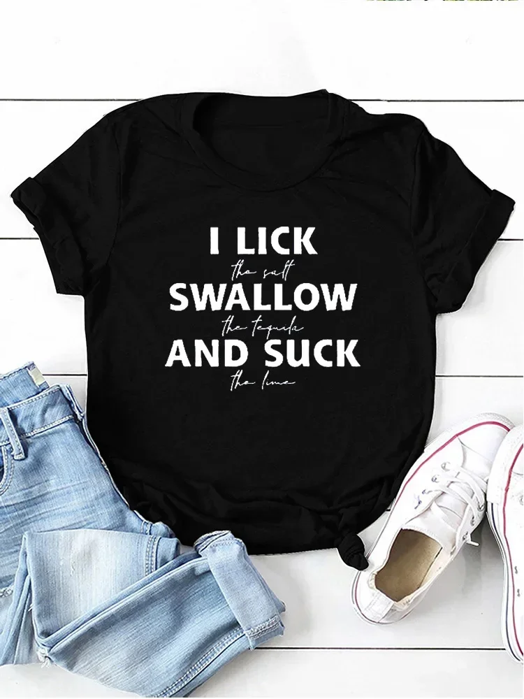 Short Sleeve Print Clothing Women's T-Shirt Lick Swallow and Suck Letter Print O Neck Loose Women Tshirt Ladies Camisetas Mujer