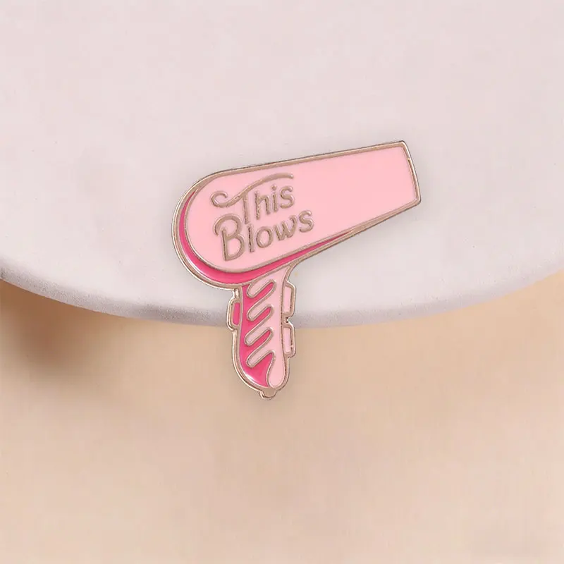 Cute Pink Hair Dryer Brooch This Blows Letter Enamel Pin Funny Humor Badge Fashion Jewelry for Clothing Bag Decoration