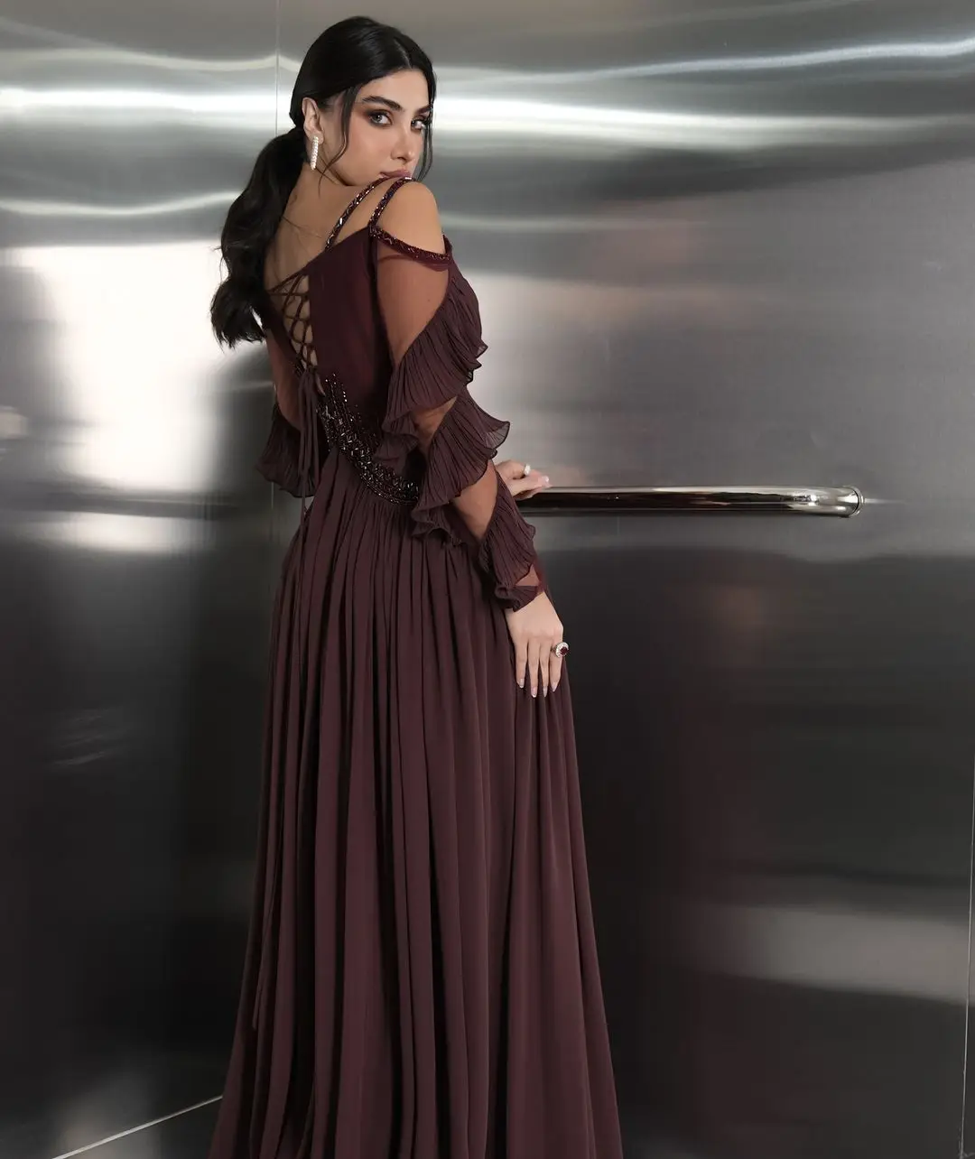 Vintage Long Sleeves Prom Dresses V Neck Vestidos De Noche Pleated Chiffon Beadings Women Evening Dresses image 3