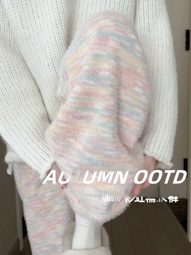 プラスサイズニットフリース裏地ドレープカジュアルワイドレッグパンツ女性秋冬ハイウエスト快適なルーズフィットズボン