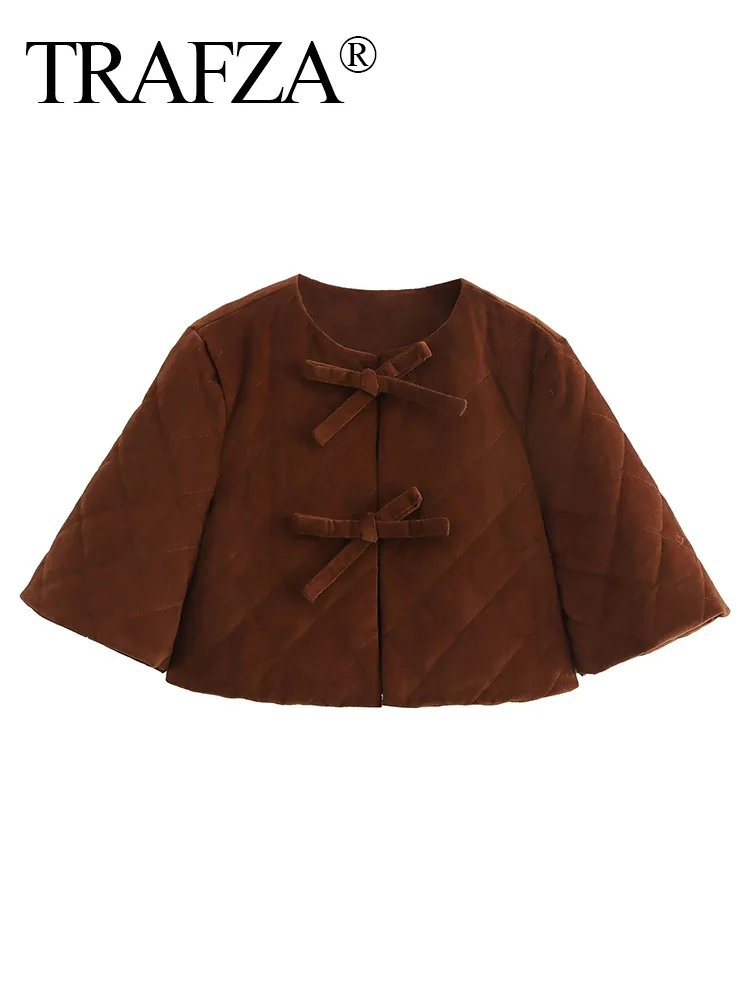 TRAFZA Women Autumn Elegant Brown Half Sleeve Bow Decoration Jacket Female Round Collar High Street Soft Touch Short Coat Mujer