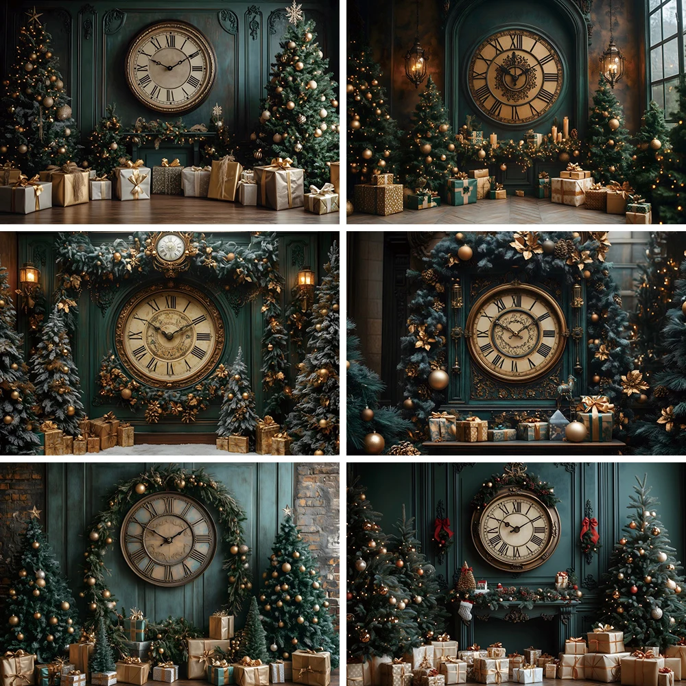 Christmas Giant Clock Photography Background Merry Christmas Xmas Tree Gifts Green Backdrop Family Home Party Photocall Banner