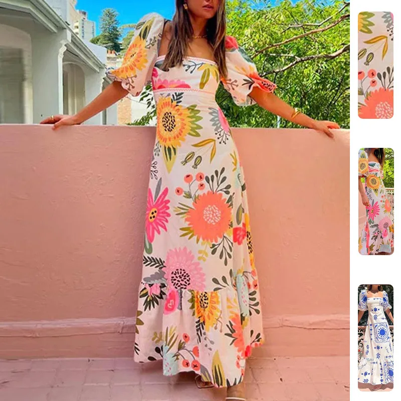 

2026 Summer New Women Casual Off Shoulder Lantern Sleeve Printed Swing Long Dress Soft Light Breathable Chic Daily Casual Beach