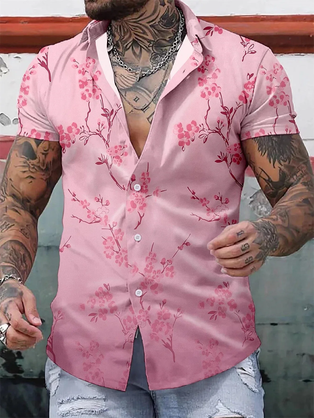 Men's flower 3D printed lapel button up shirt casual holiday short sleeved men's Hawaiian shirt Comfortable stretch fabric large