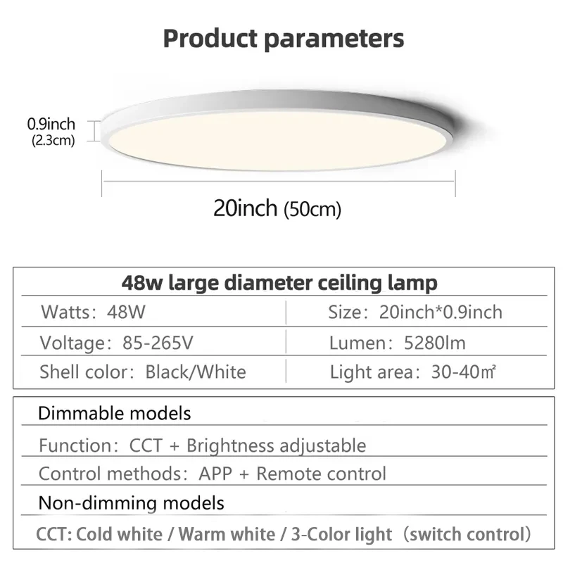 Imagem -05 - Lâmpada de Teto Grande de 20 Polegadas para Sala de Estar Quarto 48w Luzes de Teto Reguláveis Inteligentes Ac85265v Painel de Luz de Led Iluminação para Casa