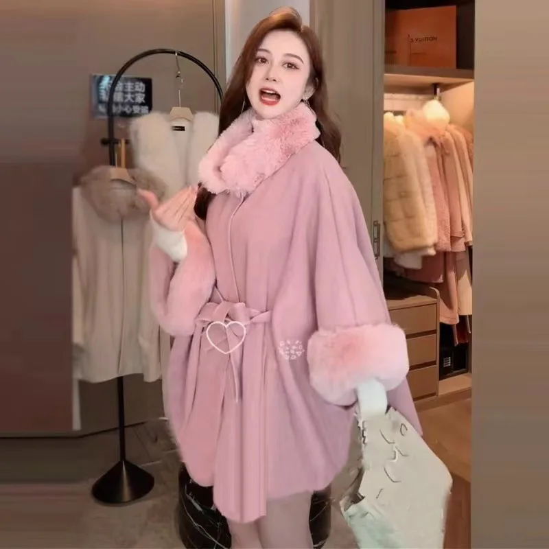 Autumn and Winter New Imitation Otter Rabbit Fur Collar Knitted Shawl Cape Lace Up Woolen Coat Women's Plus Size Cardigan