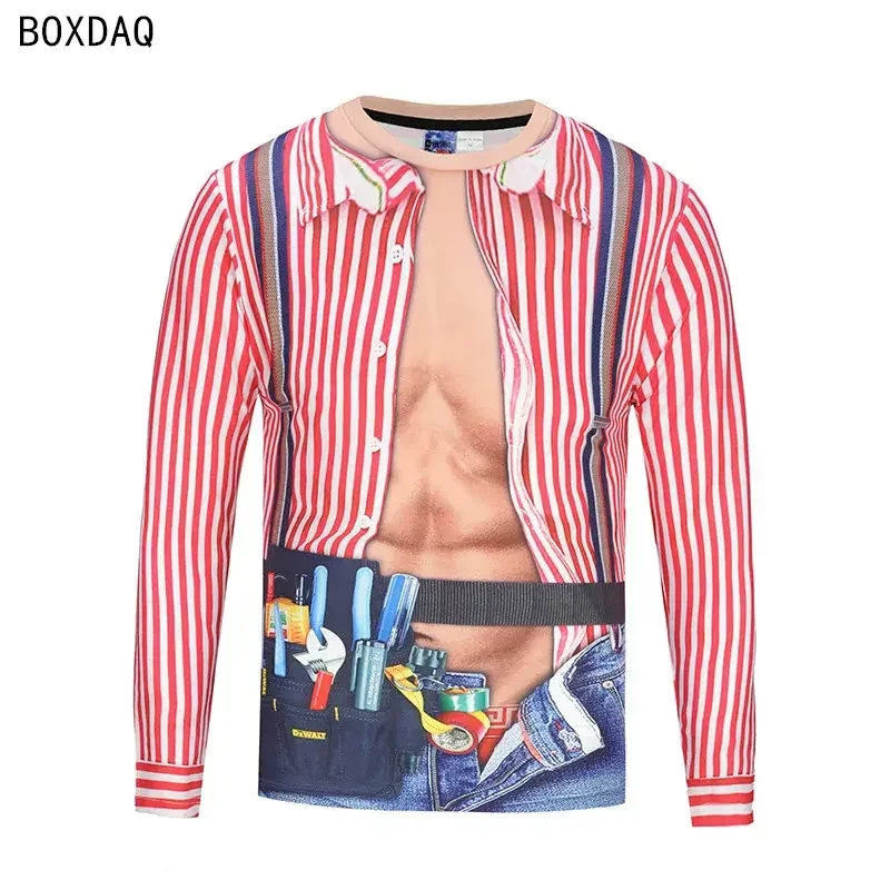 Men Fake Two-piece T-Shirts 3D Bow Tie Print Casual T Shirts Autumn Long Sleeve O-Neck Loose Cotton Tops Male Fake Suit Tshirt