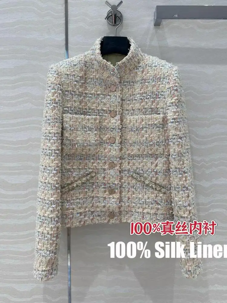 

2025 High Quality Silk Liner Plaid Woven Tweed Coat Women Stand Collar Long Sleeve Single Breasted Pockets Sweet Vintage Jacket