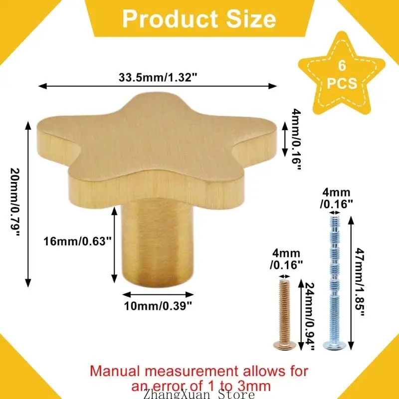 Gebürstete goldfarbene Stern-Möbelknöpfe, 6-teiliges Schubladen-Hardware-Set mit 12 Schrauben für die Aufbewahrung von Kommoden – Detail 6