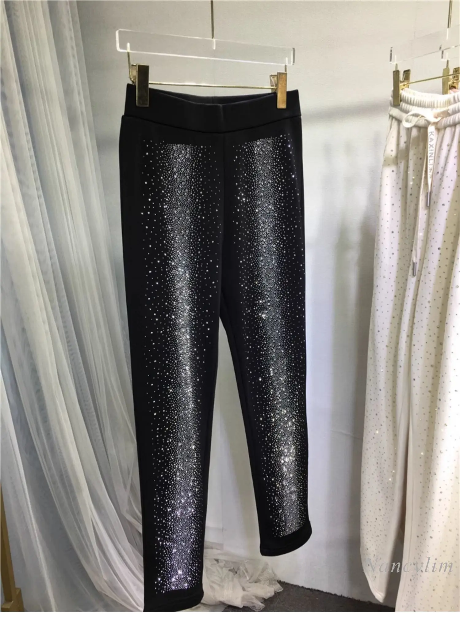 RapIndustry-Leggings chauds en diamant pour femmes, taille moyenne à haute, noir, épais, européen, automne, hiver