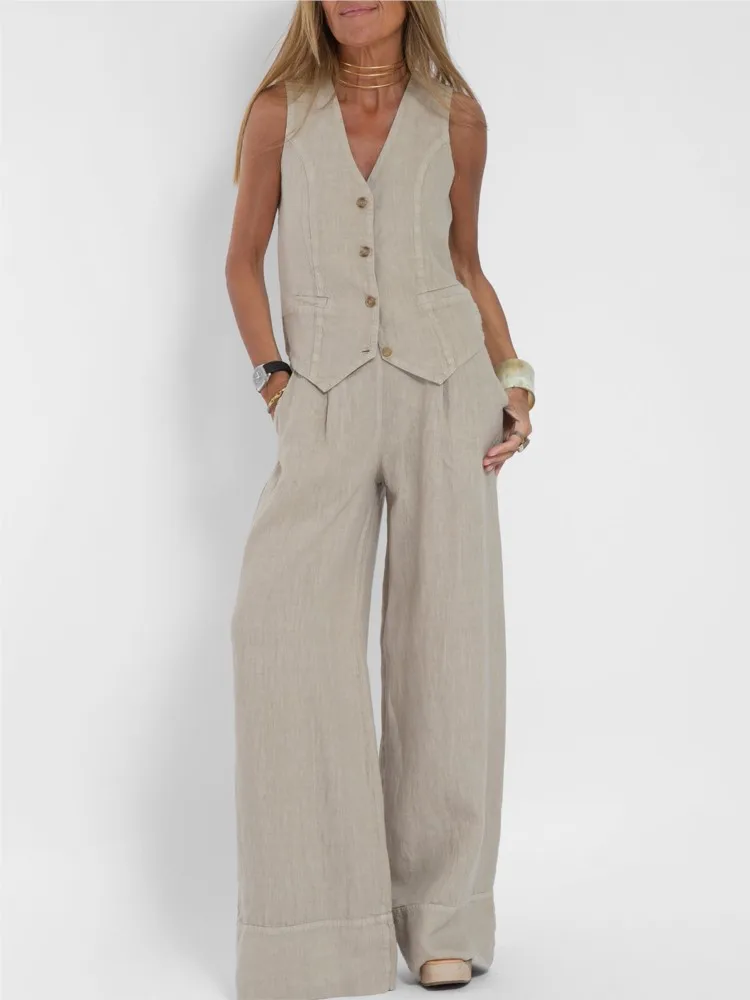 

Women Fashion Solid Sleeveless Vest Wide Leg Pants Sets 2025 Summer V-neck Button Top Pocket Trousers Outfits Two-piece Suit