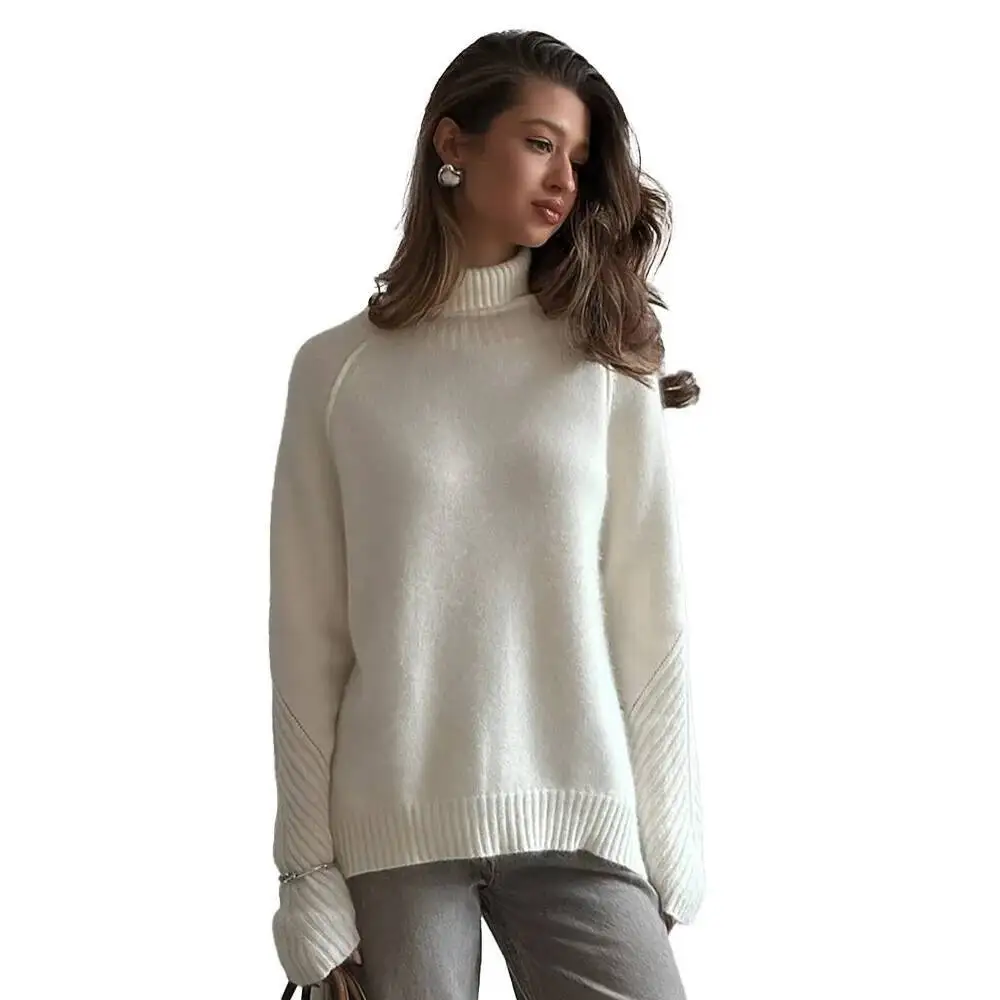 Pull à col haut pour femme, tricoté blanc, ample et décontracté, nouvelle collection automne hiver 2025
