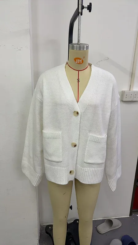 2025 Otoño e Invierno prendas de vestir exteriores para mujer cárdigan de punto de Color sólido cárdigan suelto de moda de manga larga con cuello en V